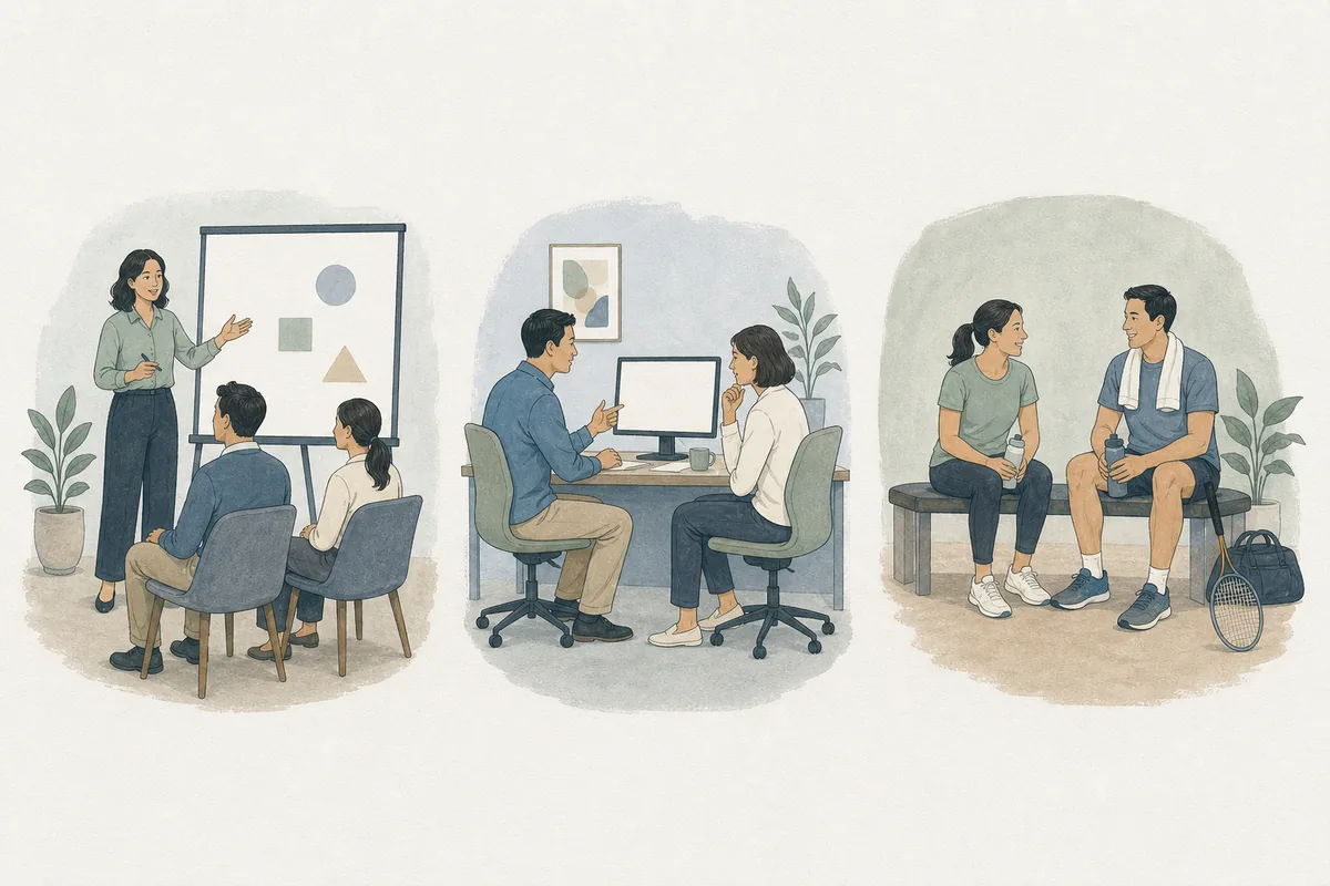 AI illustration of three separate learning settings: a talk, a workstation discussion and a sports-group conversation.