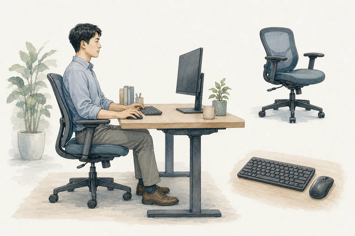 AI 插畫:使用桌面電腦的人物,旁邊分別展示座椅及鍵盤滑鼠。