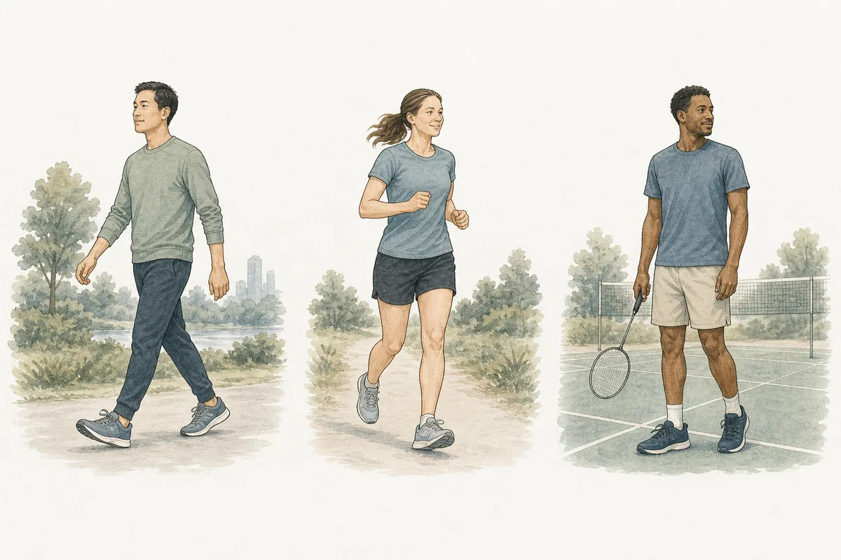 AI 插畫:三位不同人物分別步行、慢跑及站着拿羽毛球拍,代表不同活動目標。