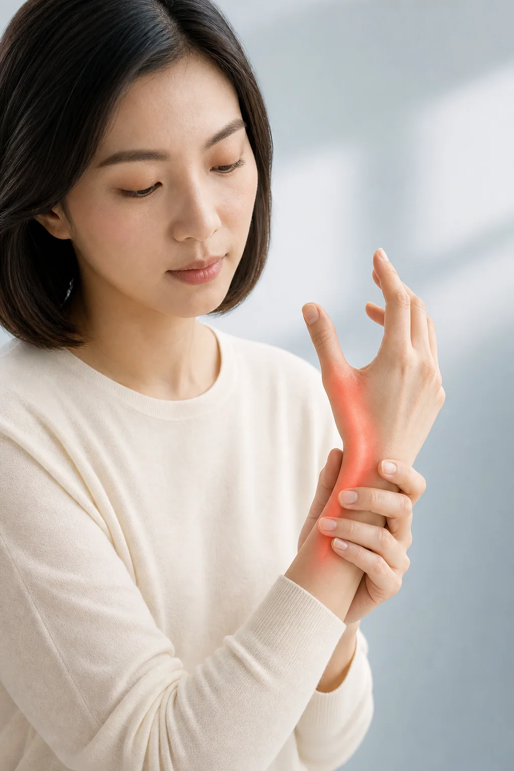 一名東亞成年人輕扶拇指側手腕，該位置以柔和紅橙光提示不適