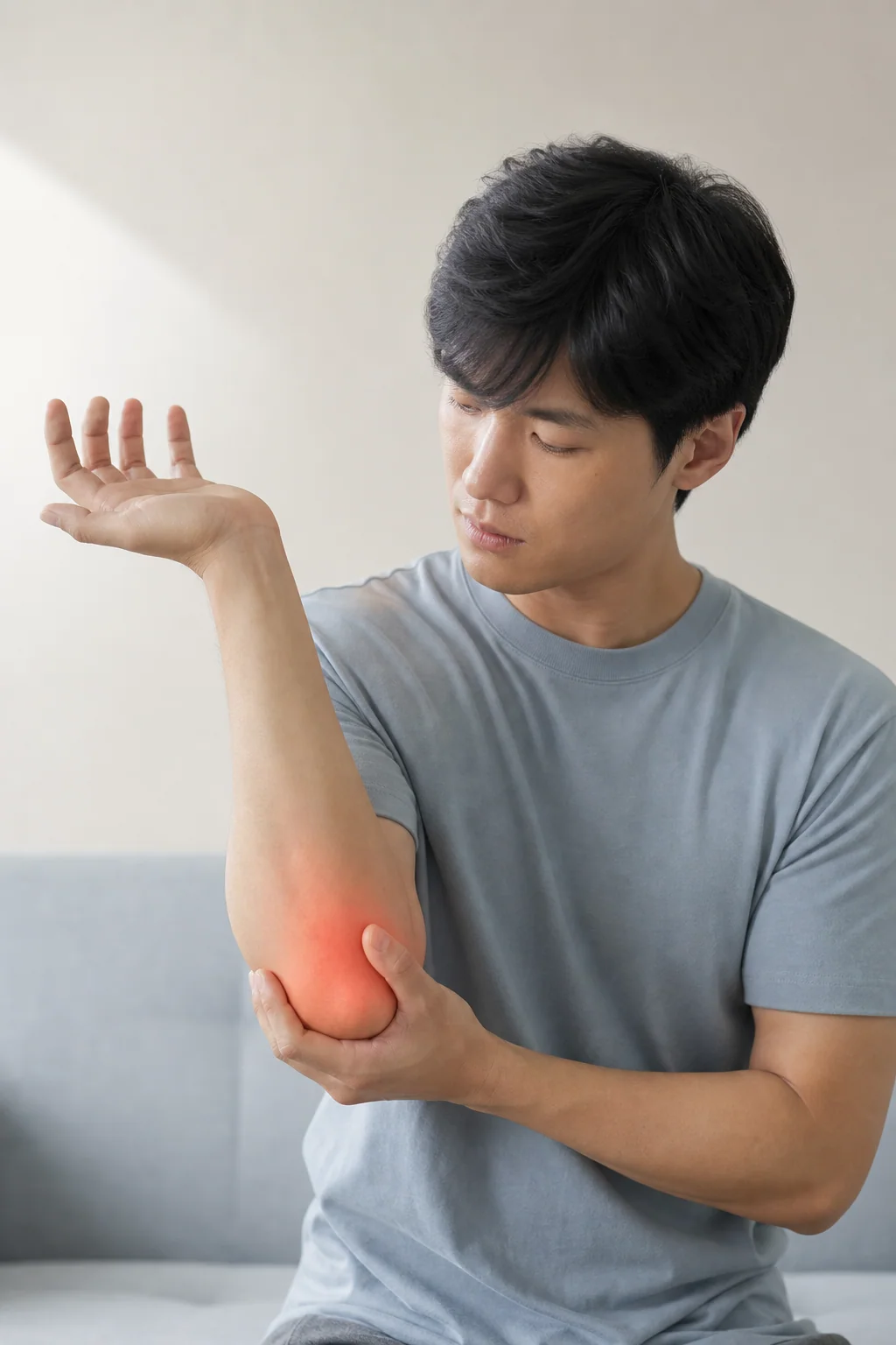 一名東亞成年人輕扶手肘內側，內側手肘以柔和紅橙光標示不適位置