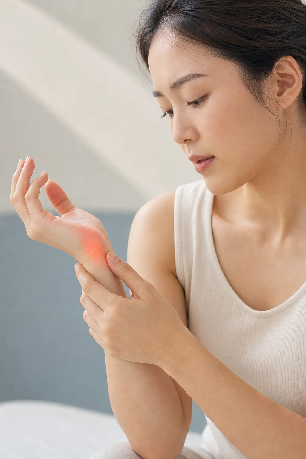 一名東亞成年人轉動前臂並輕扶小指側手腕,該位置以柔和紅橙光提示不適