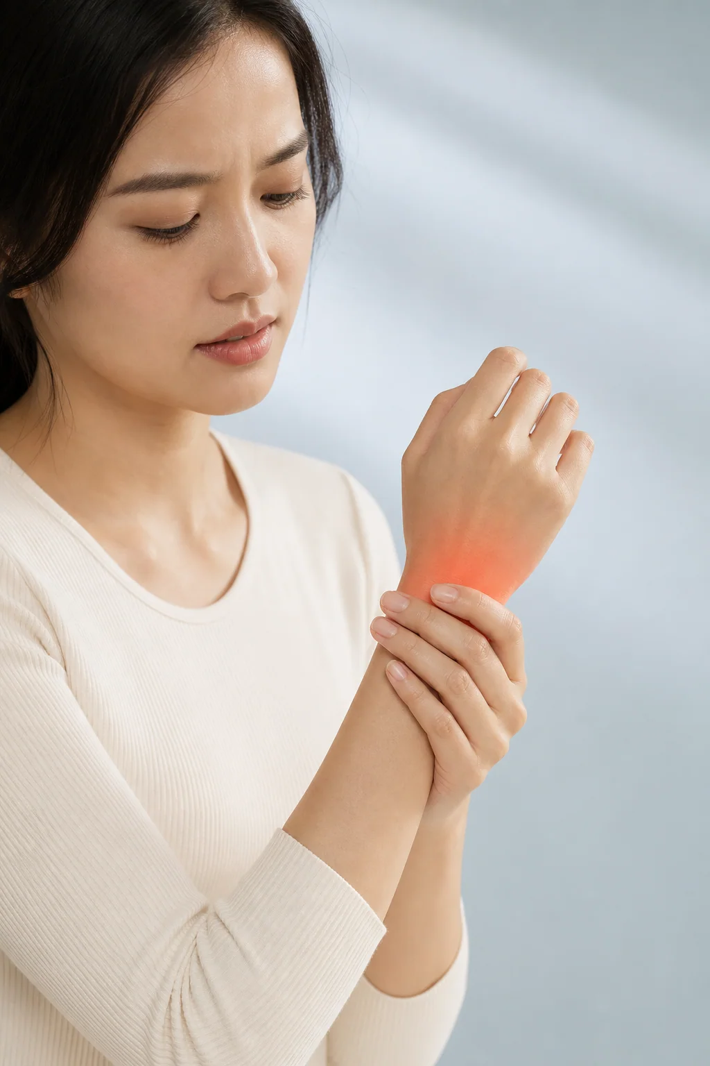 一名東亞成年人輕扶手腕背側,手腕周圍以柔和紅橙光標示不適位置